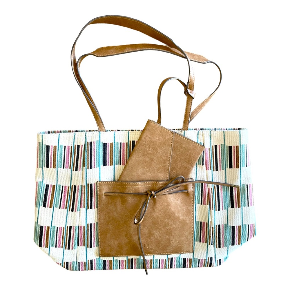 Elle Jae Gypset Waimea Bay Tote and Matching Wallet Vegan Leather Striped Canvas